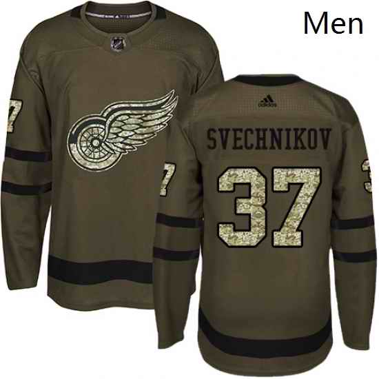 Mens Adidas Detroit Red Wings 37 Evgeny Svechnikov Authentic Green Salute to Service NHL Jersey